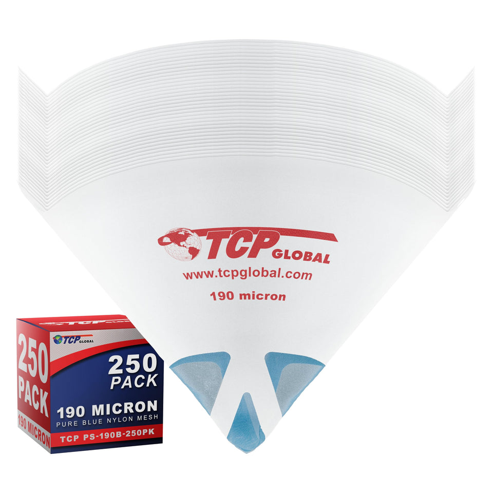 TCP Global 190-micron blue nylon cone strainer for clean paint filtration.