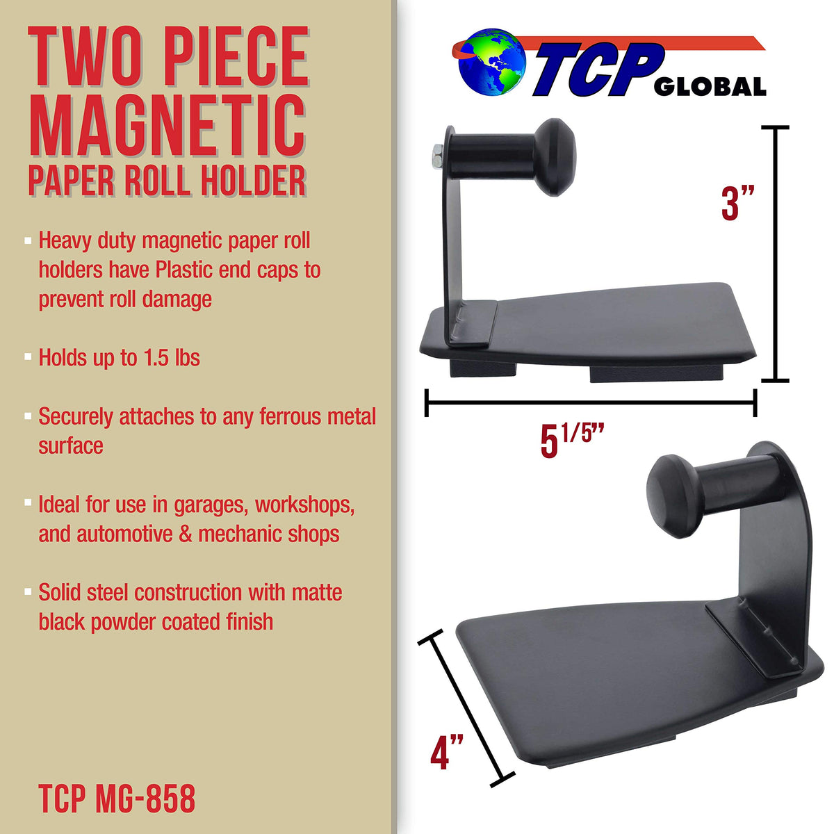 TCP Global magnetic paper towel holder front view enabling easy reach of towels