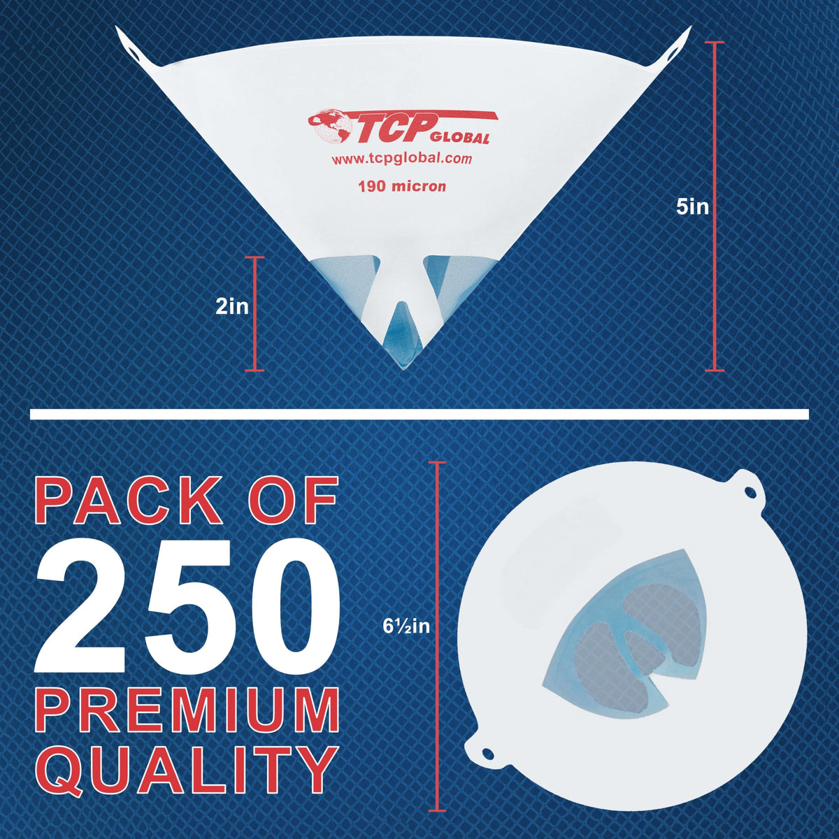 TCP Global pure blue nylon mesh cone strainer with rapid flow for coatings.