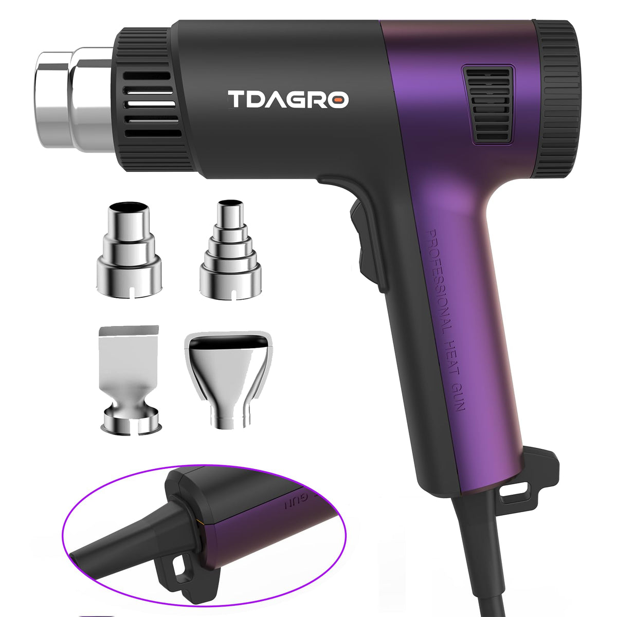 TDAGRO heat gun with ergonomic handle for extended, comfortable use.
