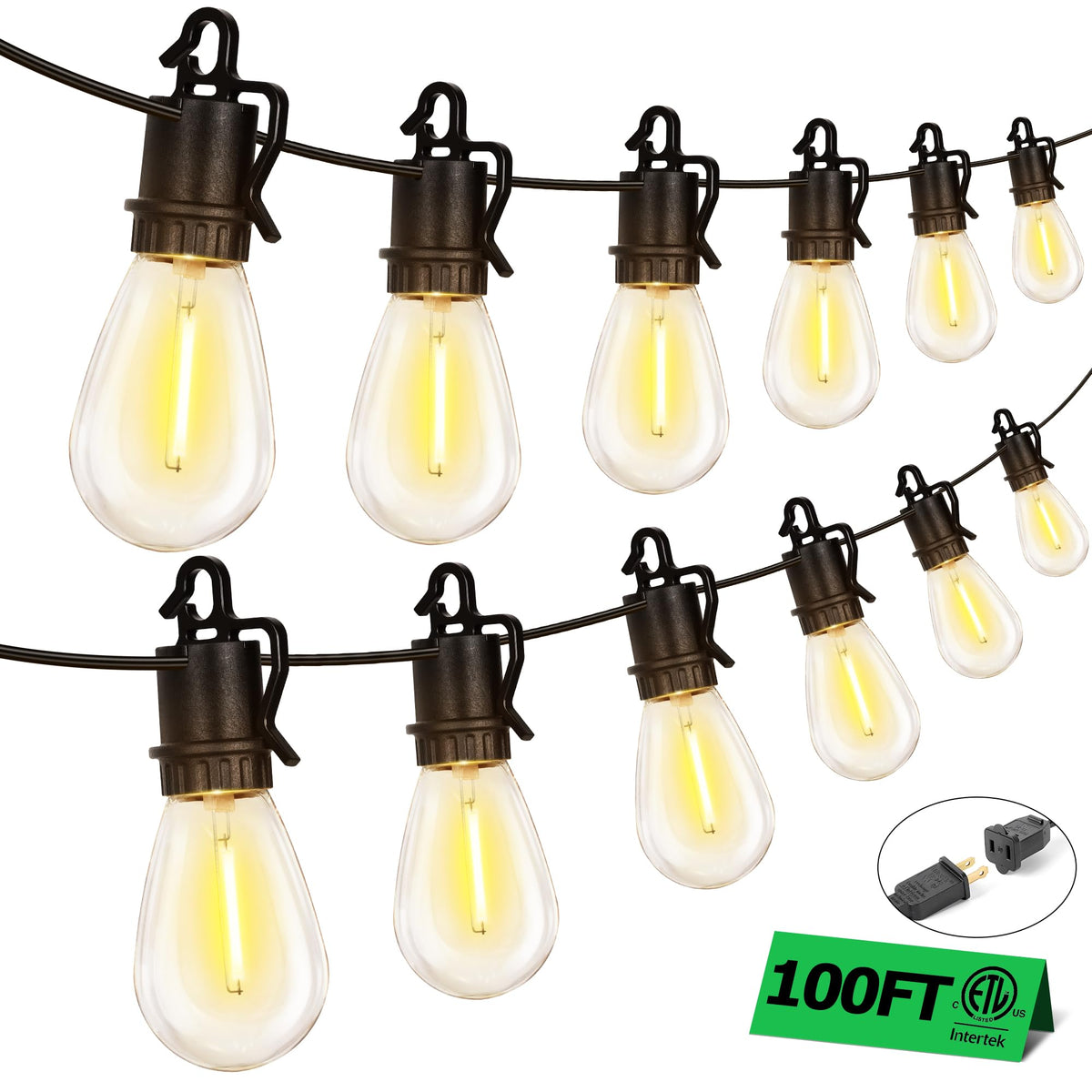 TDLOL 100ft outdoor string lights over a cozy patio.