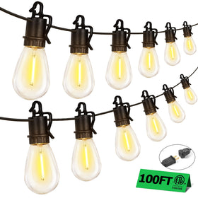 TDLOL 100ft outdoor string lights over a cozy patio.