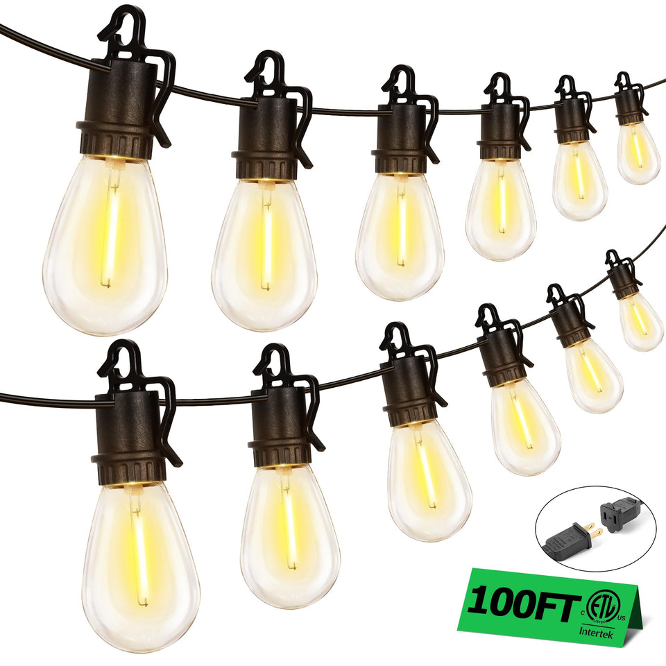 TDLOL 100ft outdoor string lights over a cozy patio.