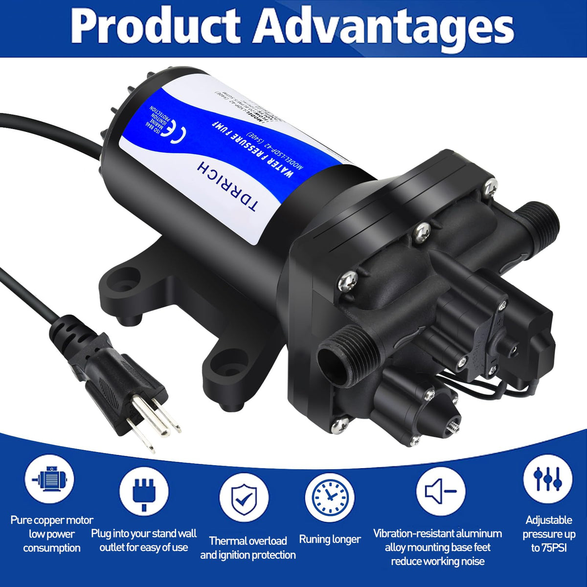 TDRRICH inlet/outlet connections highlight easy installation on boats or gardens.