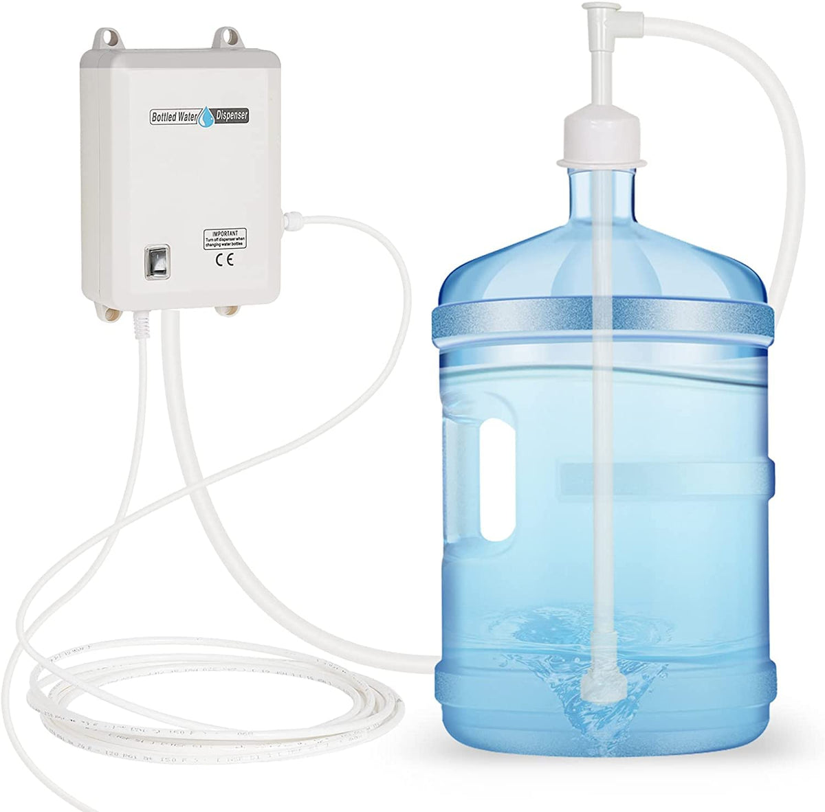 TDRSUPER bottle dispenser pump provides steady flow from a 5-gallon bottle.