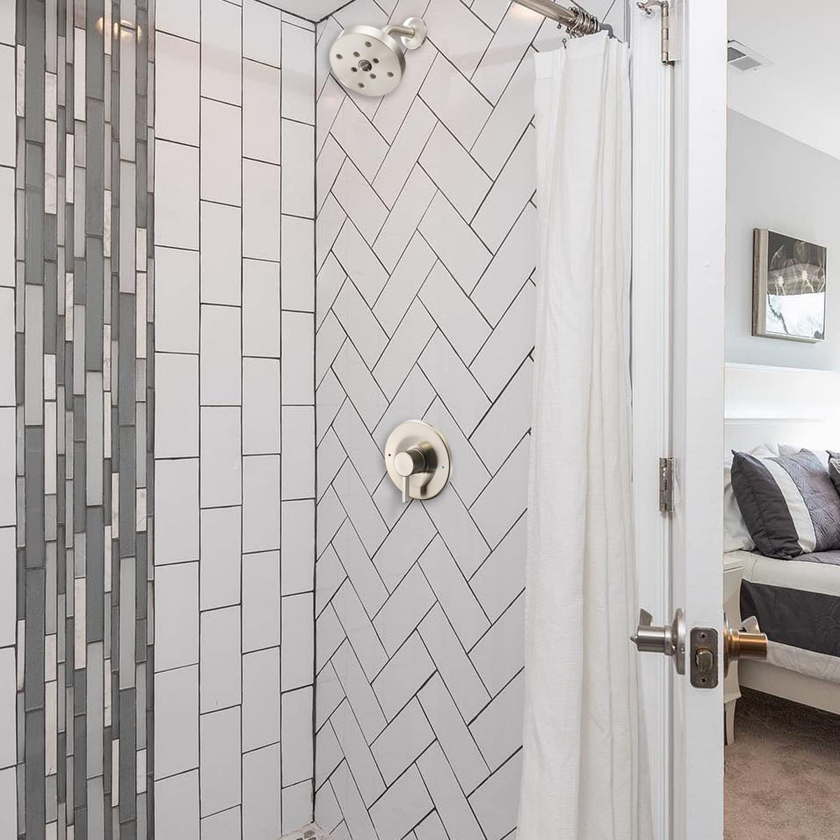 Tearel brushed nickel trim adds modern, clean lines to bathroom decor.