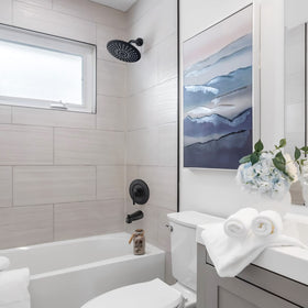 Tearel metal construction withstands daily bathroom use.
