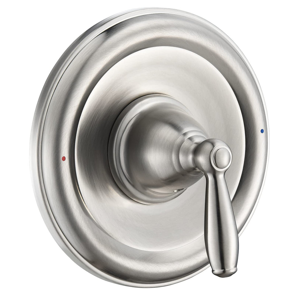 Tearel pressure-balancing tub trim in brushed nickel, front view highlighting durable metal construction.