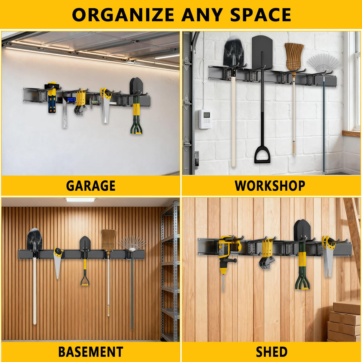 Tebgeag organized yard tools neatly stored on the rail