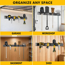 Tebgeag organized yard tools neatly stored on the rail