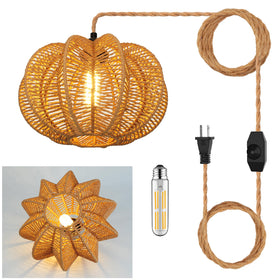 tebio plug-in pendant light with rattan shade provides soft downward illumination