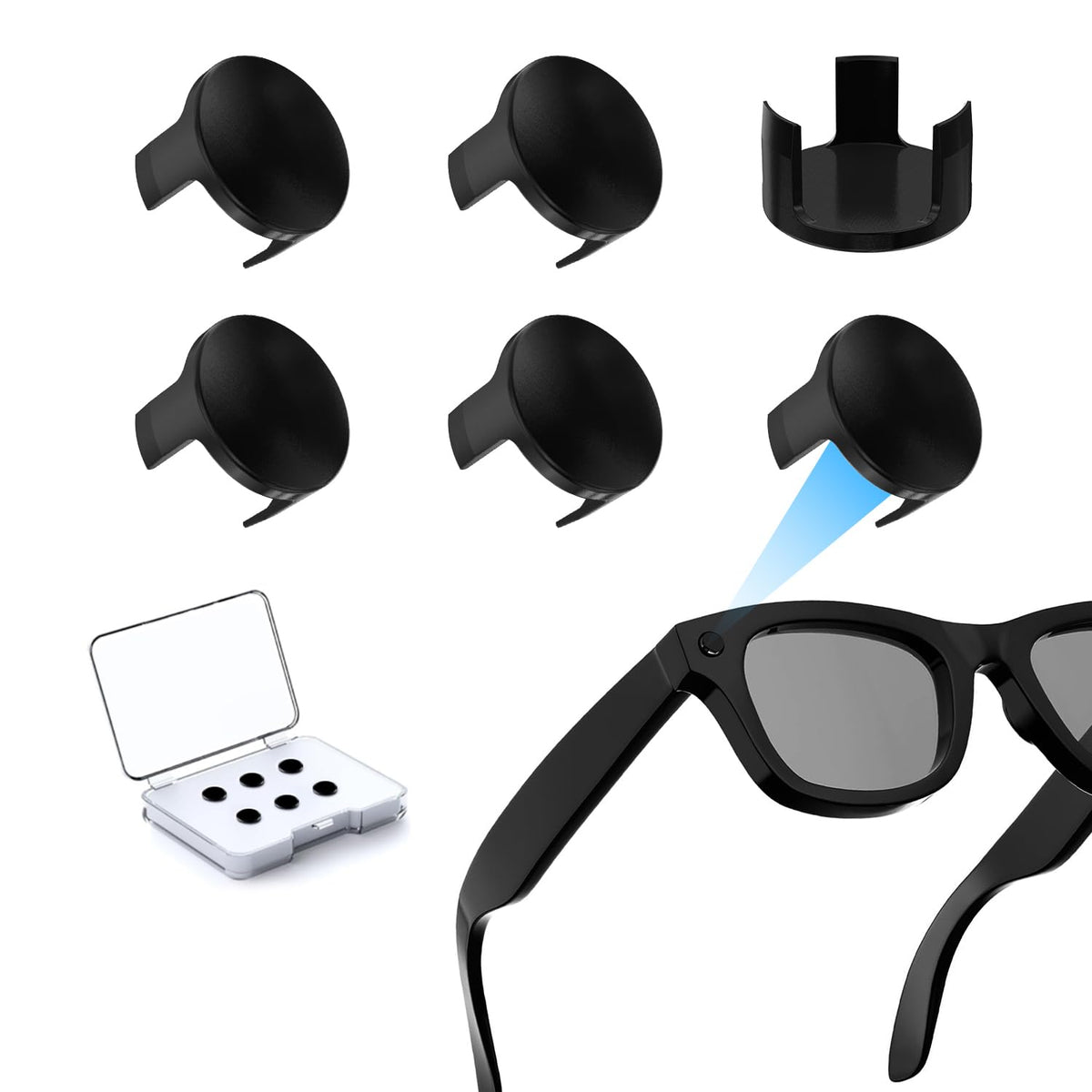 TECBUDD LED light cover on Ray-Ban Wayfarer, front view, reduces stray light and misfires.