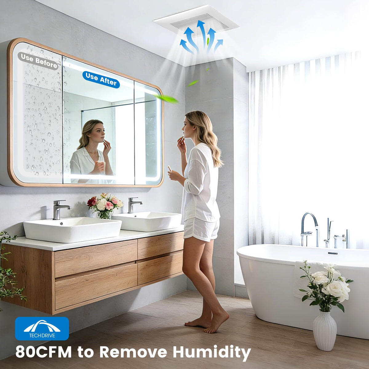 Tech Drive galvanized steel housing resists corrosion in humid bathrooms.