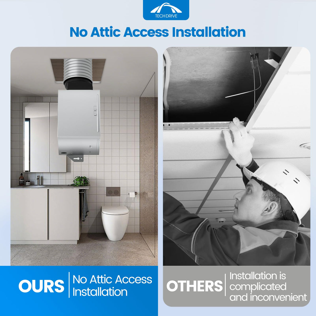 Tech Drive roomside installation with no attic access demonstrated for easy setup.