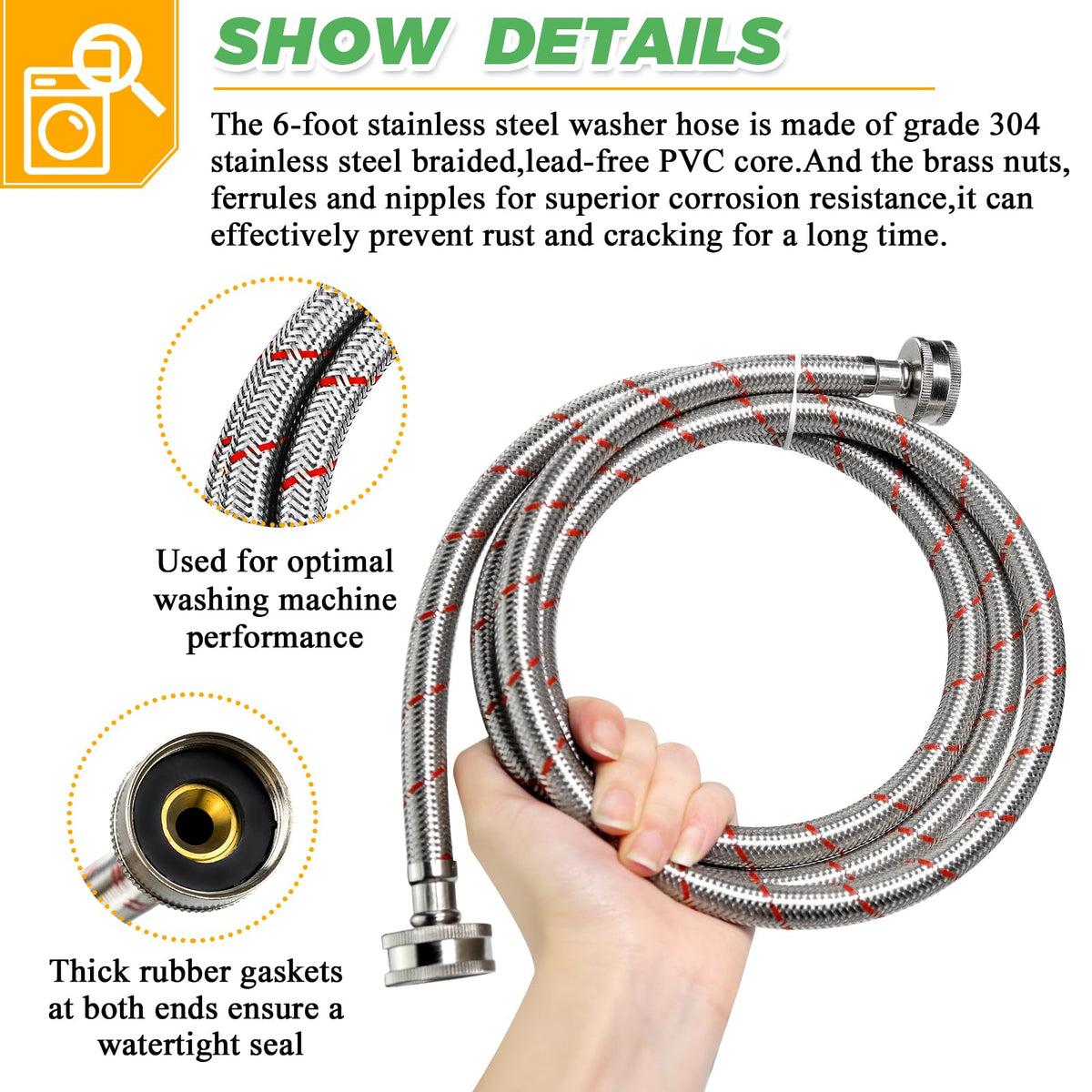 Techecook 6ft red hot water hose, color-coded for safe hot water connection