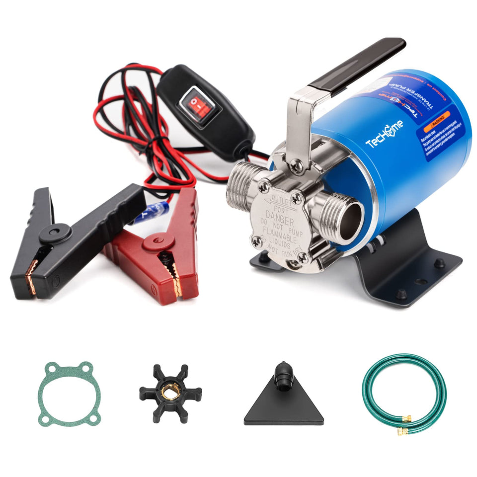 TecHome 12V pump with on/off switch for quick water transfers.