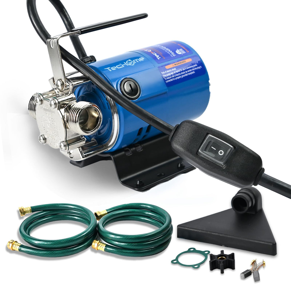 TecHome electric water pump setup shows portable transfer for quick tasks.