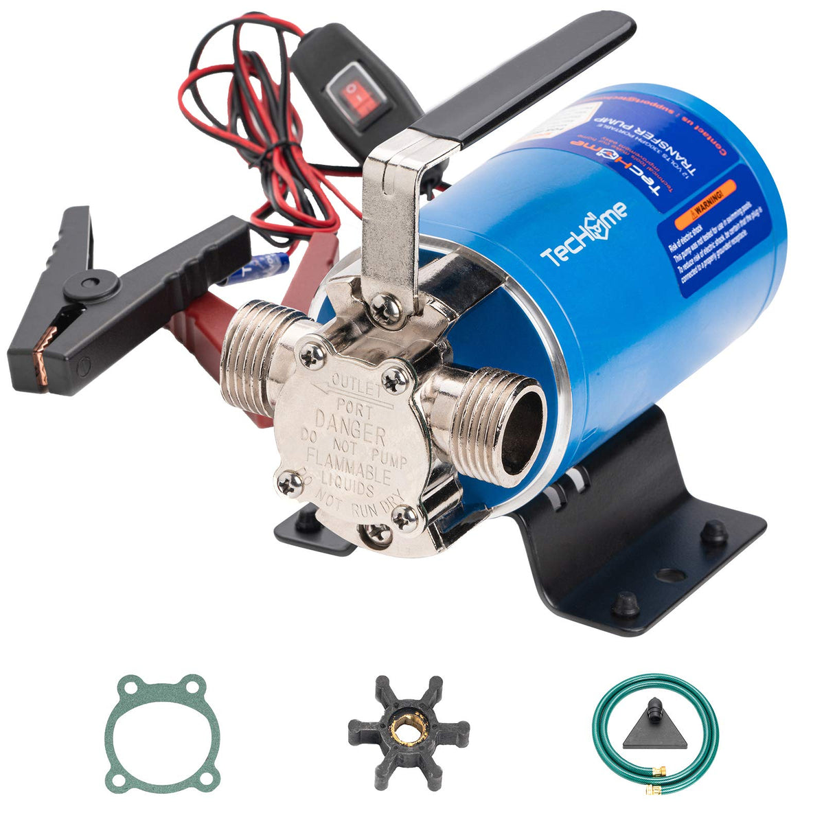 TecHome pump in use transferring water between containers outdoors.