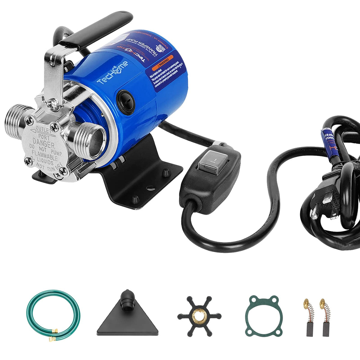 TecHome water pump side view showing compact, portable design for quick transfers.