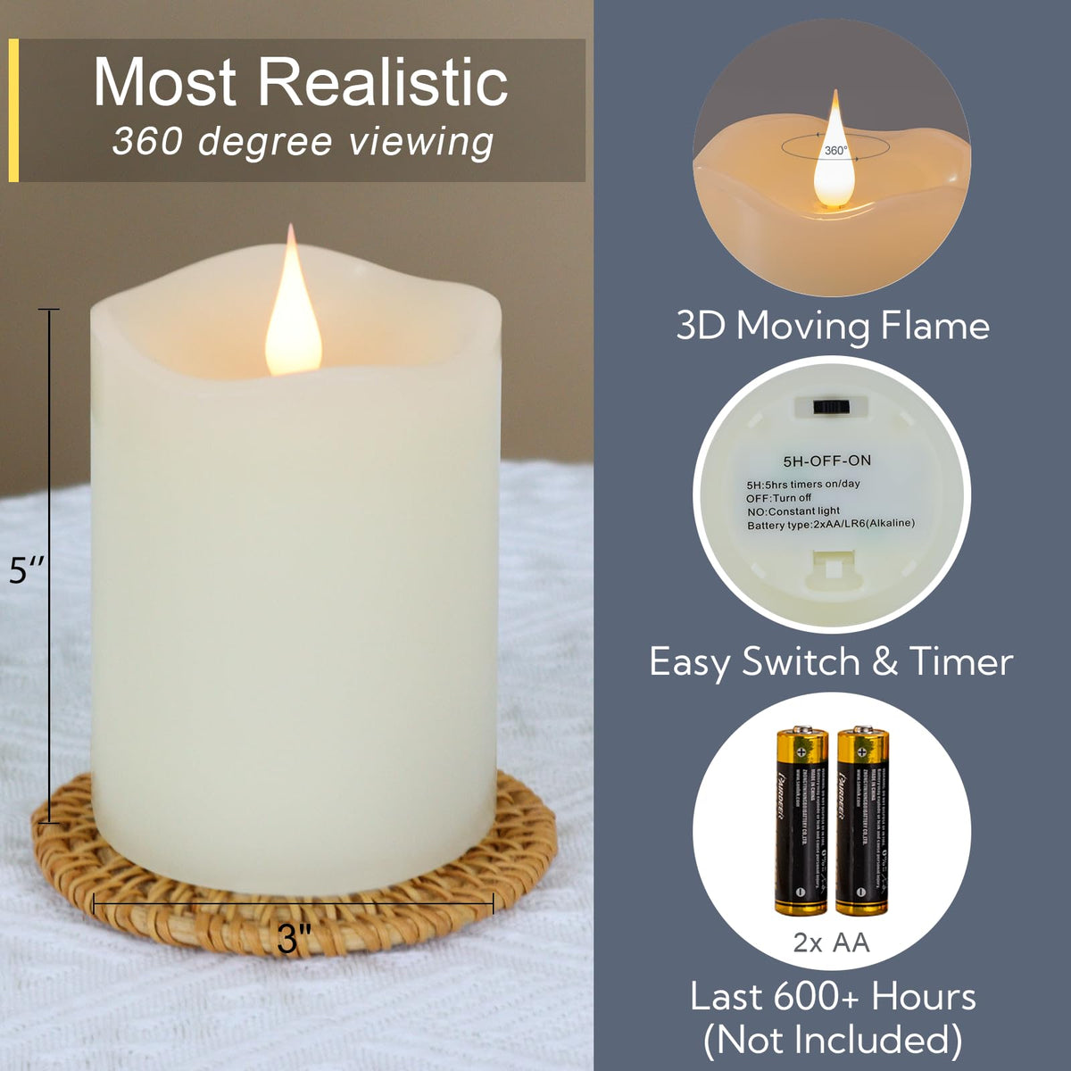 TECHLONG battery-operated candle with timer ideal for events.
