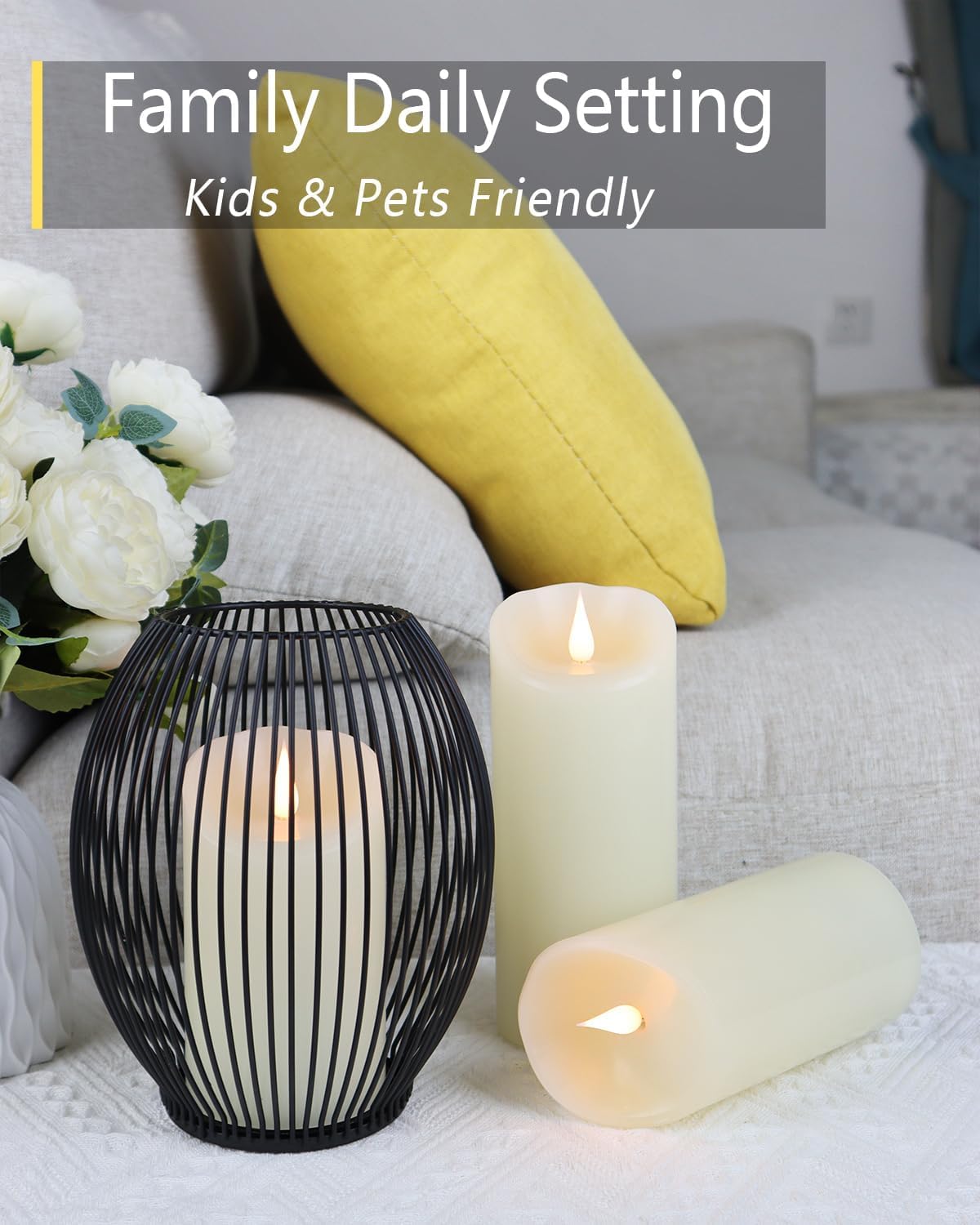 TechLong ivory candle on dining table creates romantic, safe lighting