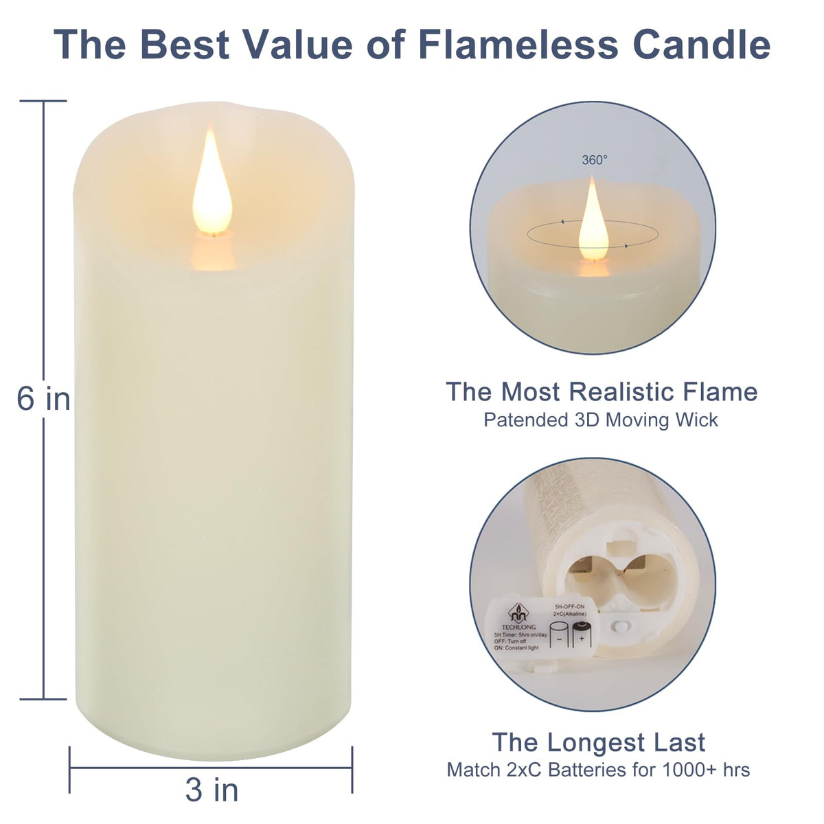 TechLong ivory wax candle emits a warm, safe glow for a table setting
