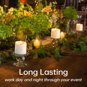 TechLONG votive-friendly candles fit lanterns and centerpieces gracefully.