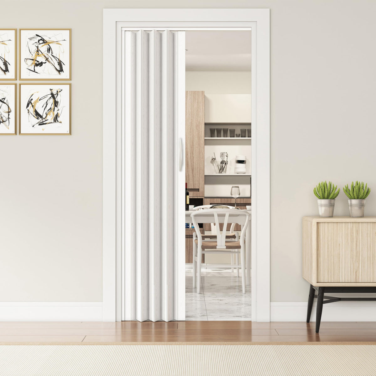 Techni Home accordion door panel close-up showing durable PVC surface.