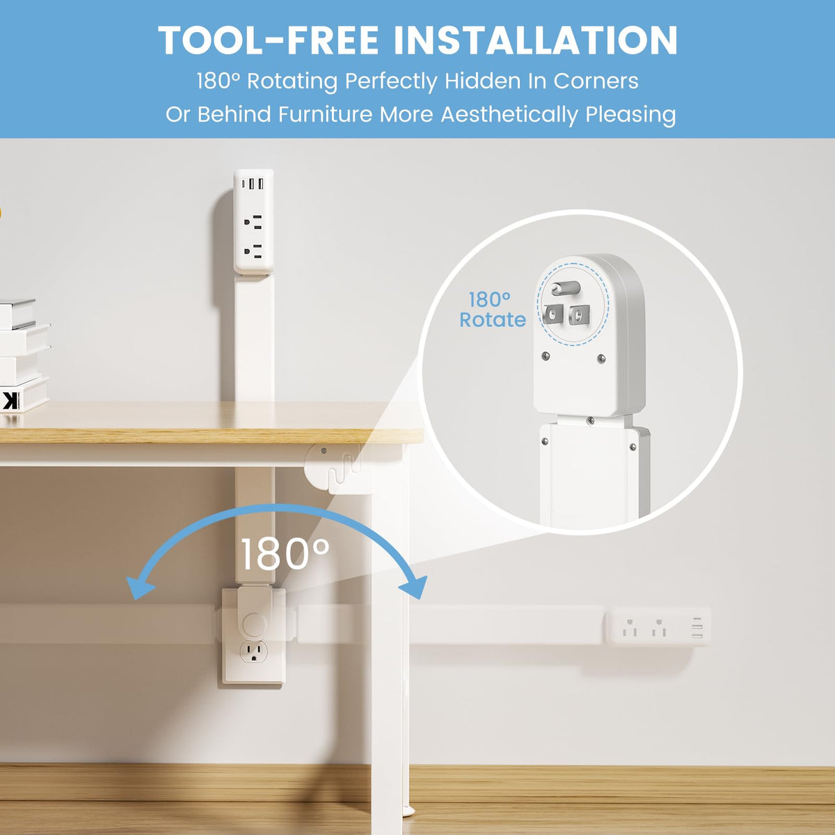 TECHY Outlet Extender Stick installs tool-free with residue-free fasteners.