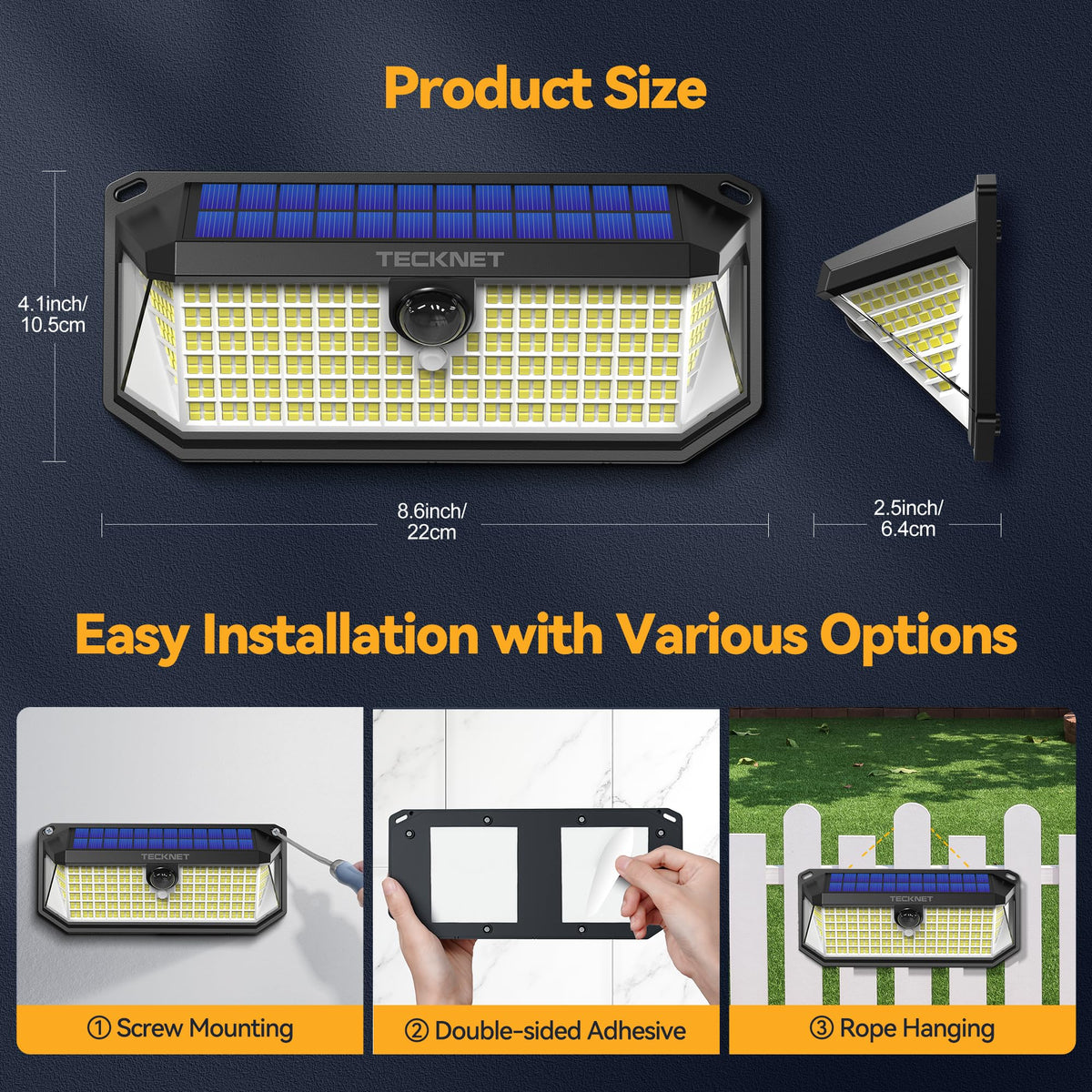 TECKNET 416 LED solar lights all-weather exterior use for year-round lighting.
