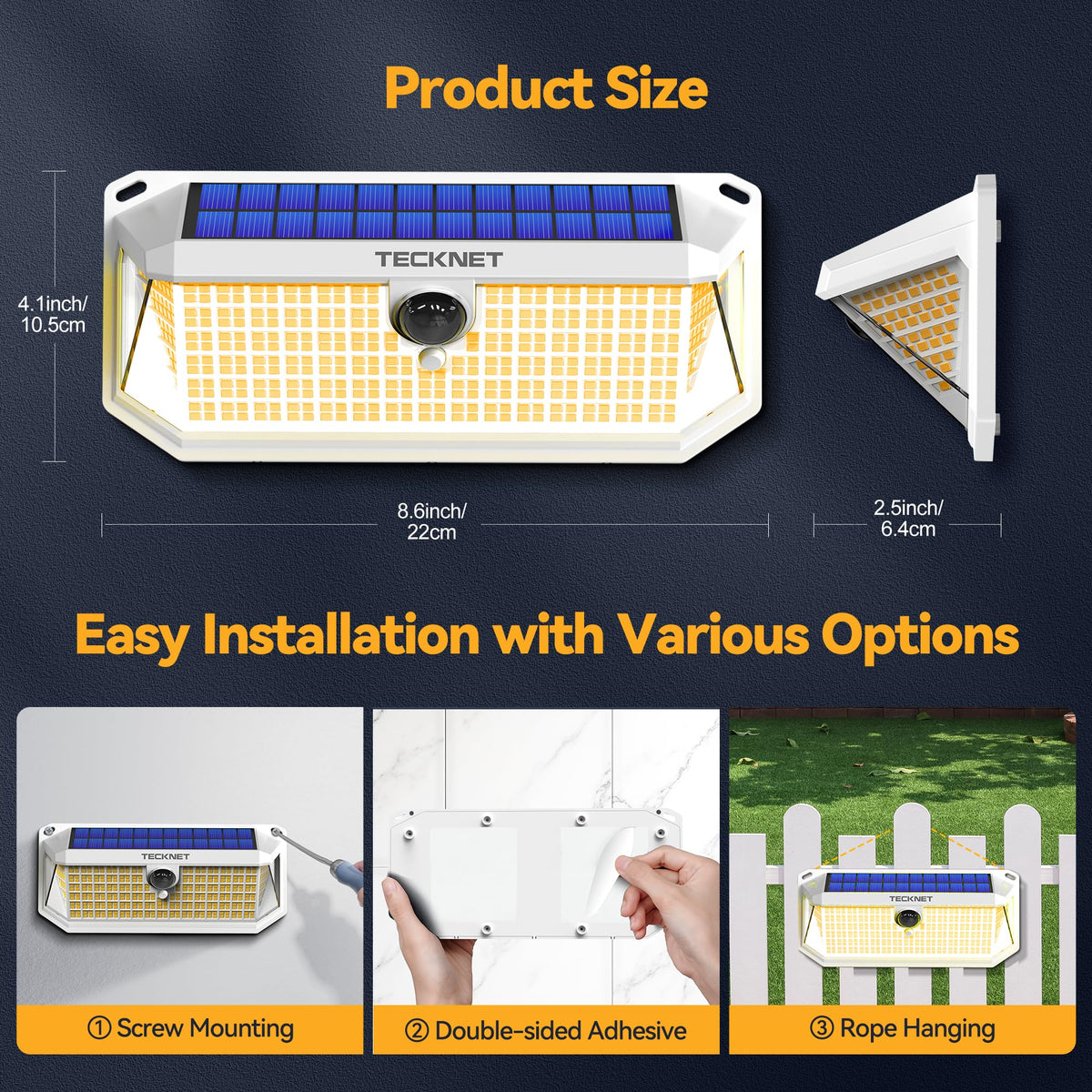 TECKNET 416 LED solar motion light 300-degree coverage brightens wide yard areas.