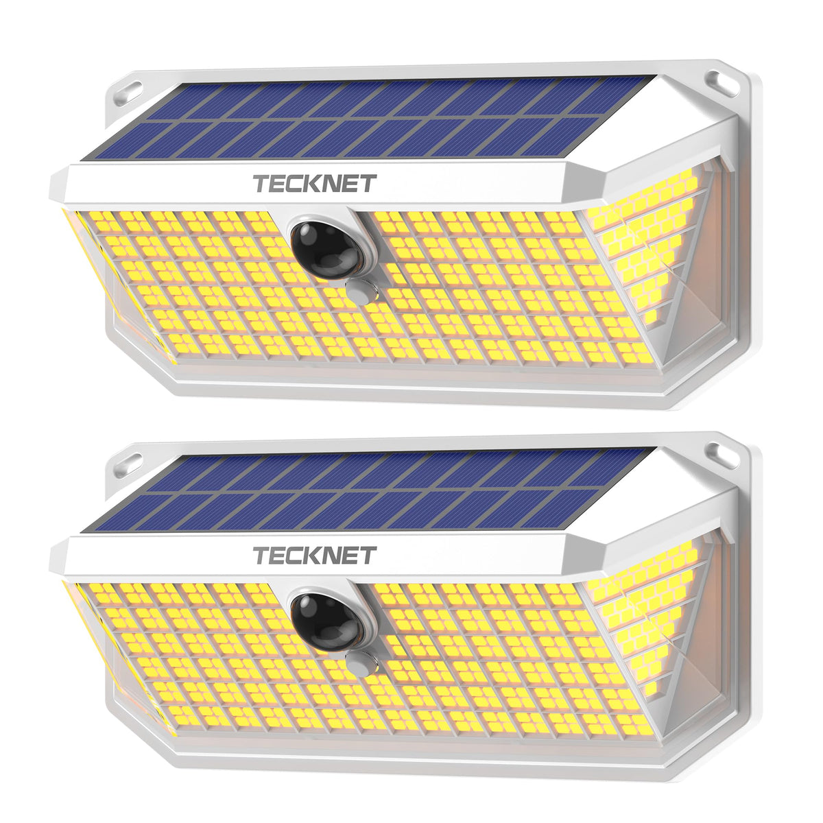 TECKNET 416 LED solar motion light front view highlights broad driveway illumination.