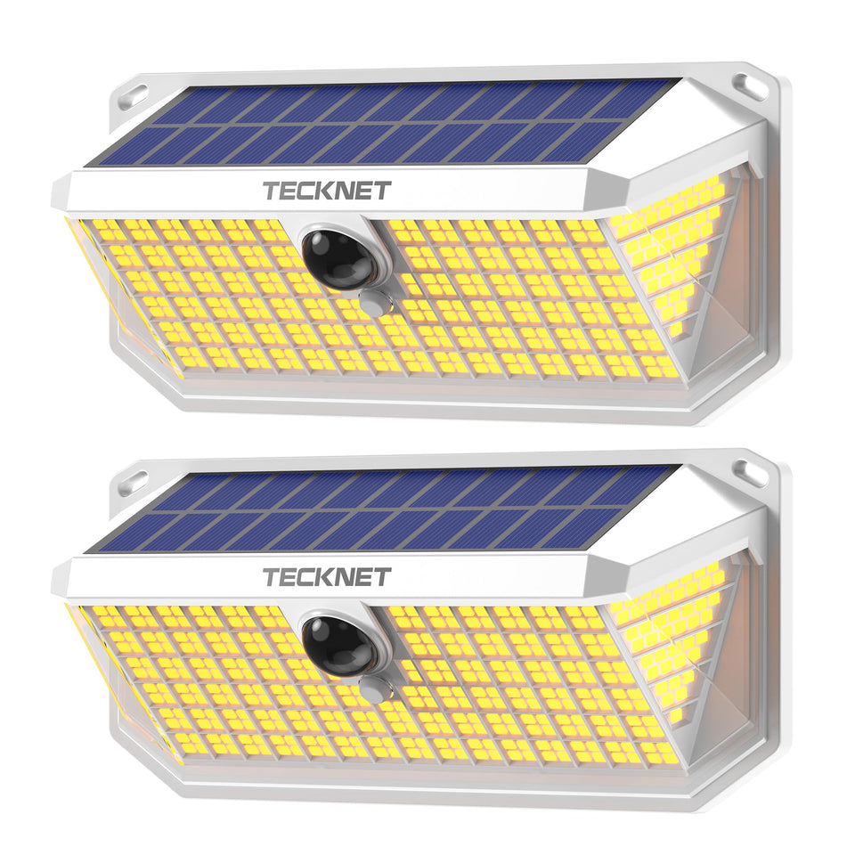 TECKNET 416 LED solar motion light front view highlights broad driveway illumination.