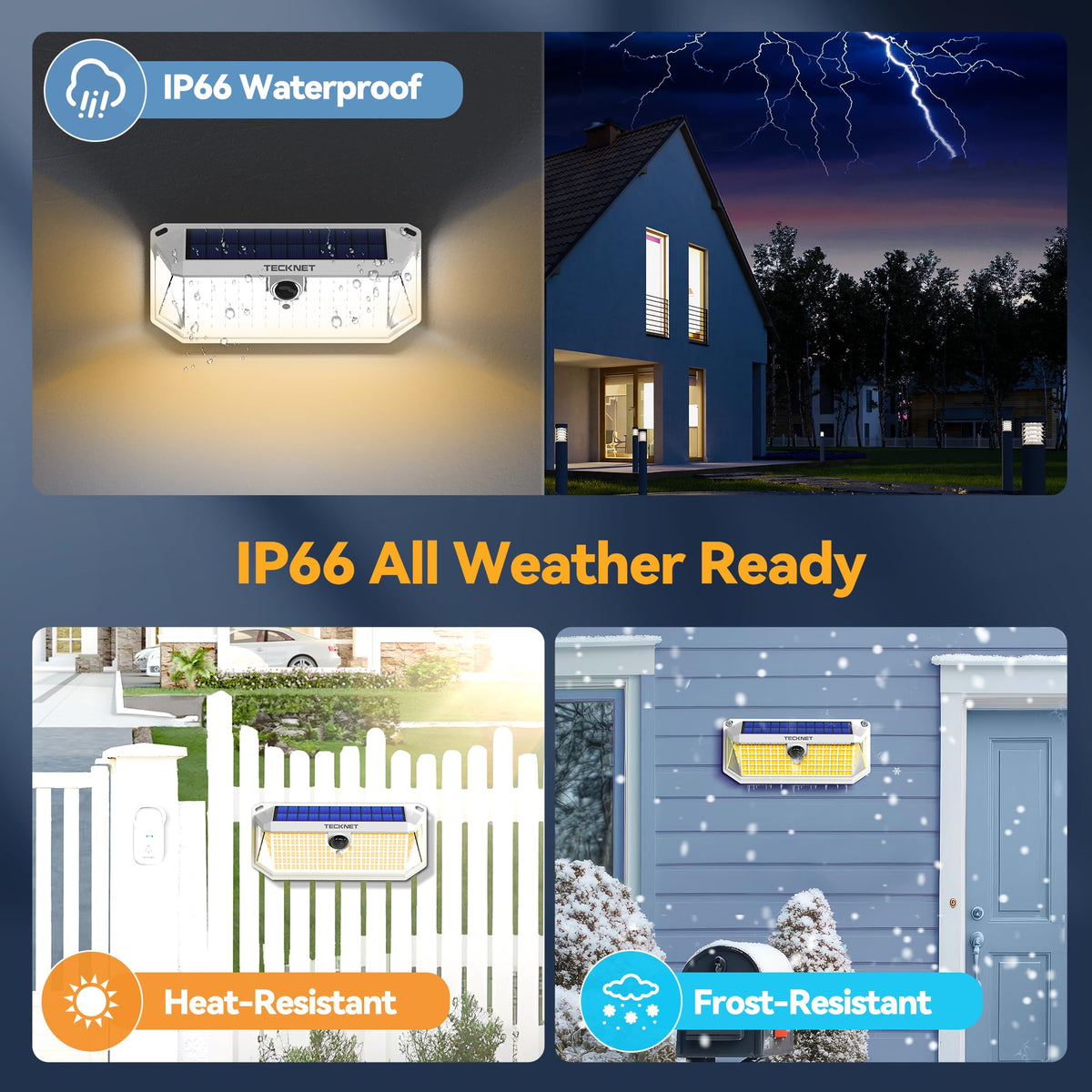 TECKNET 416 LED solar motion light IP66 waterproof design withstands rain and snow.