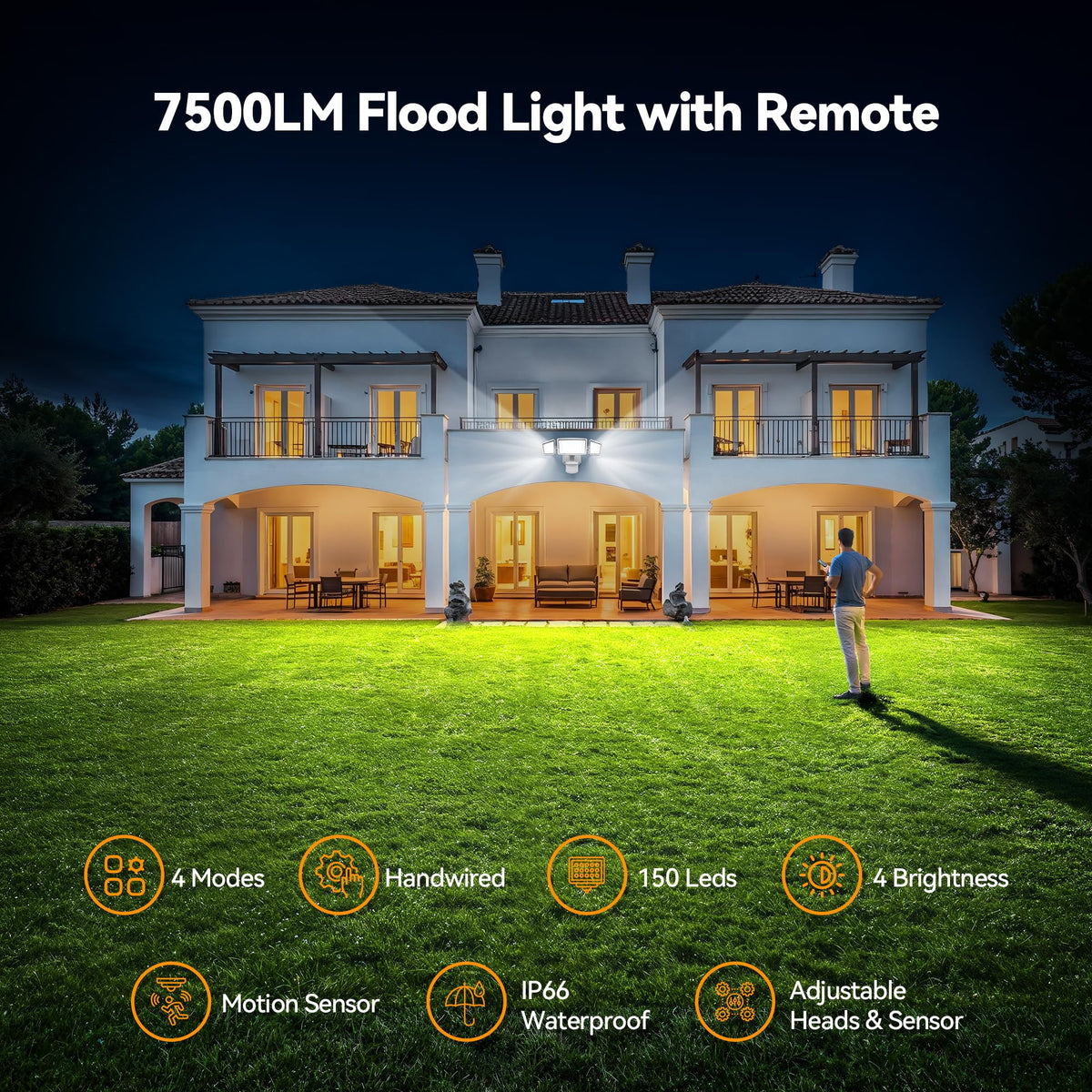 TECKNET outdoor light, side view, three adjustable heads for flexible coverage.