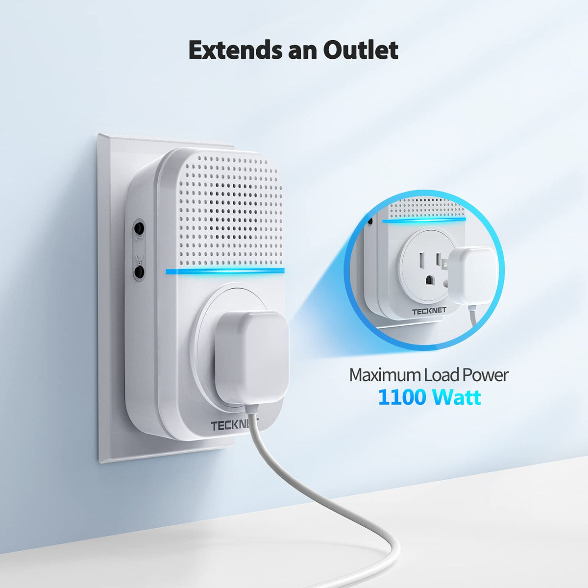 TECKNET doorbell socket-through design emphasizes convenient outlet usage.