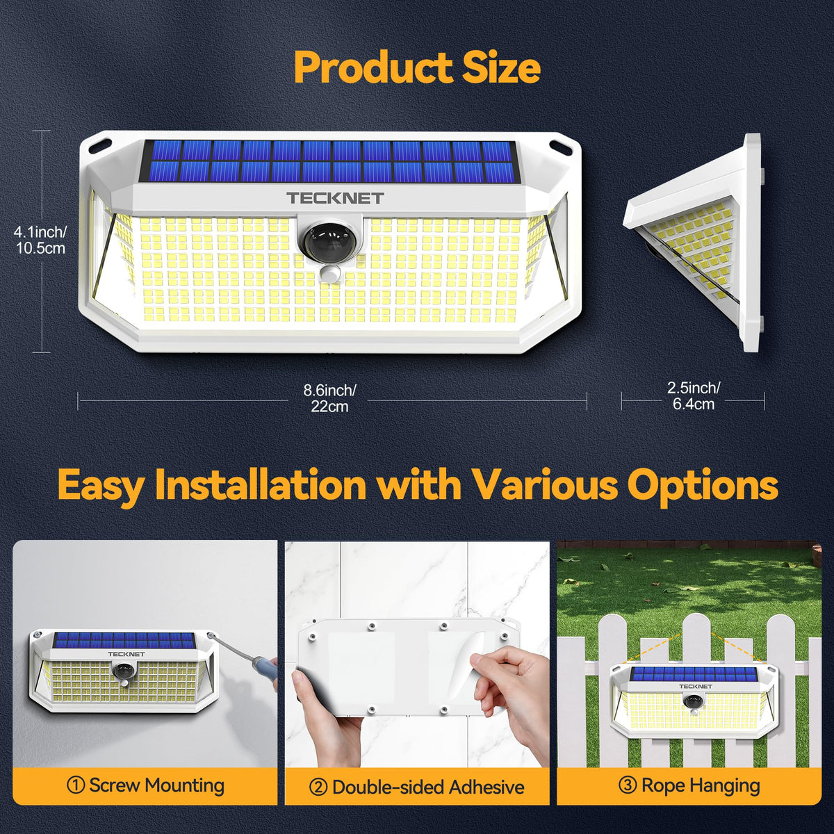 TECKNET easy installation supports screws or adhesive mounting.