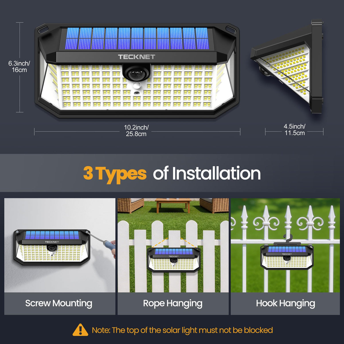 TECKNET installation options with hook, screw, and strap for quick setup.