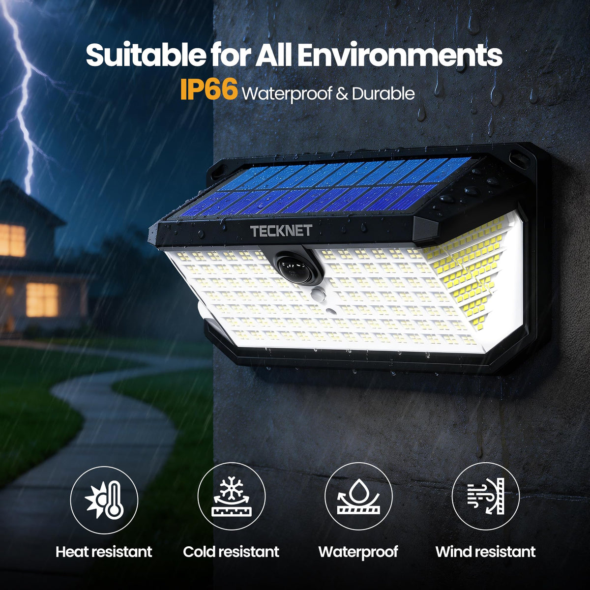 TECKNET IP66 waterproof solar lights withstand rain and snow.
