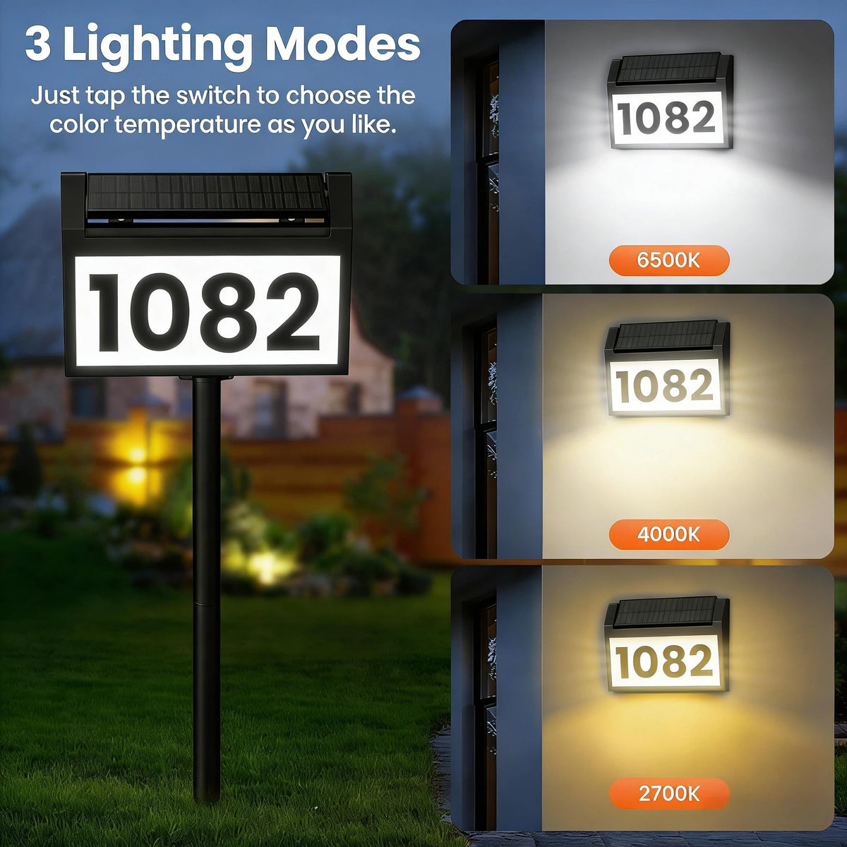 TECKNET solar address sign offers 3-color LED lighting options