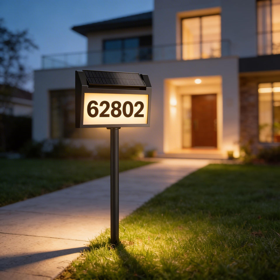 TECKNET solar address sign panel angled at 135° for brighter nighttime visibility