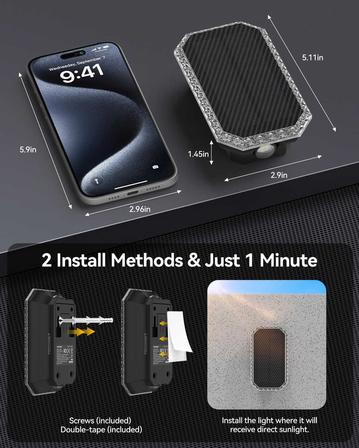 TECKNET easy-install fence light with screws or tape.