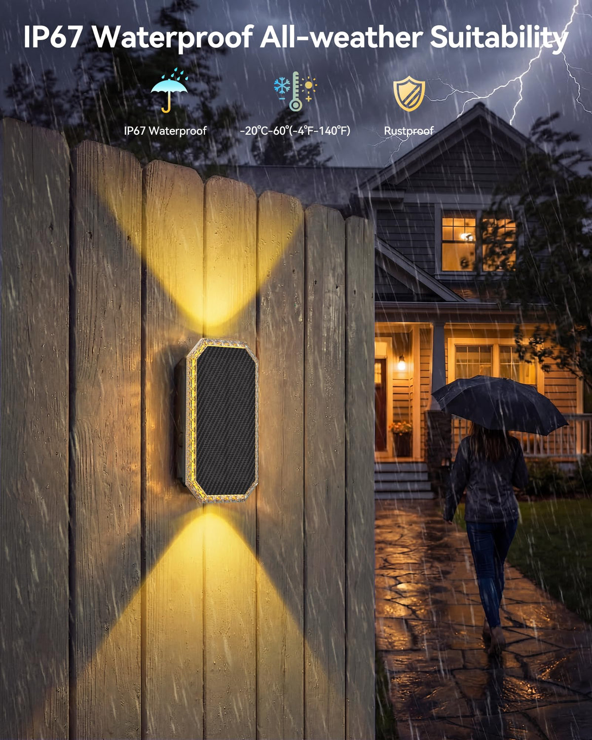 TECKNET IP67 waterproof fence light withstands rain and snow.