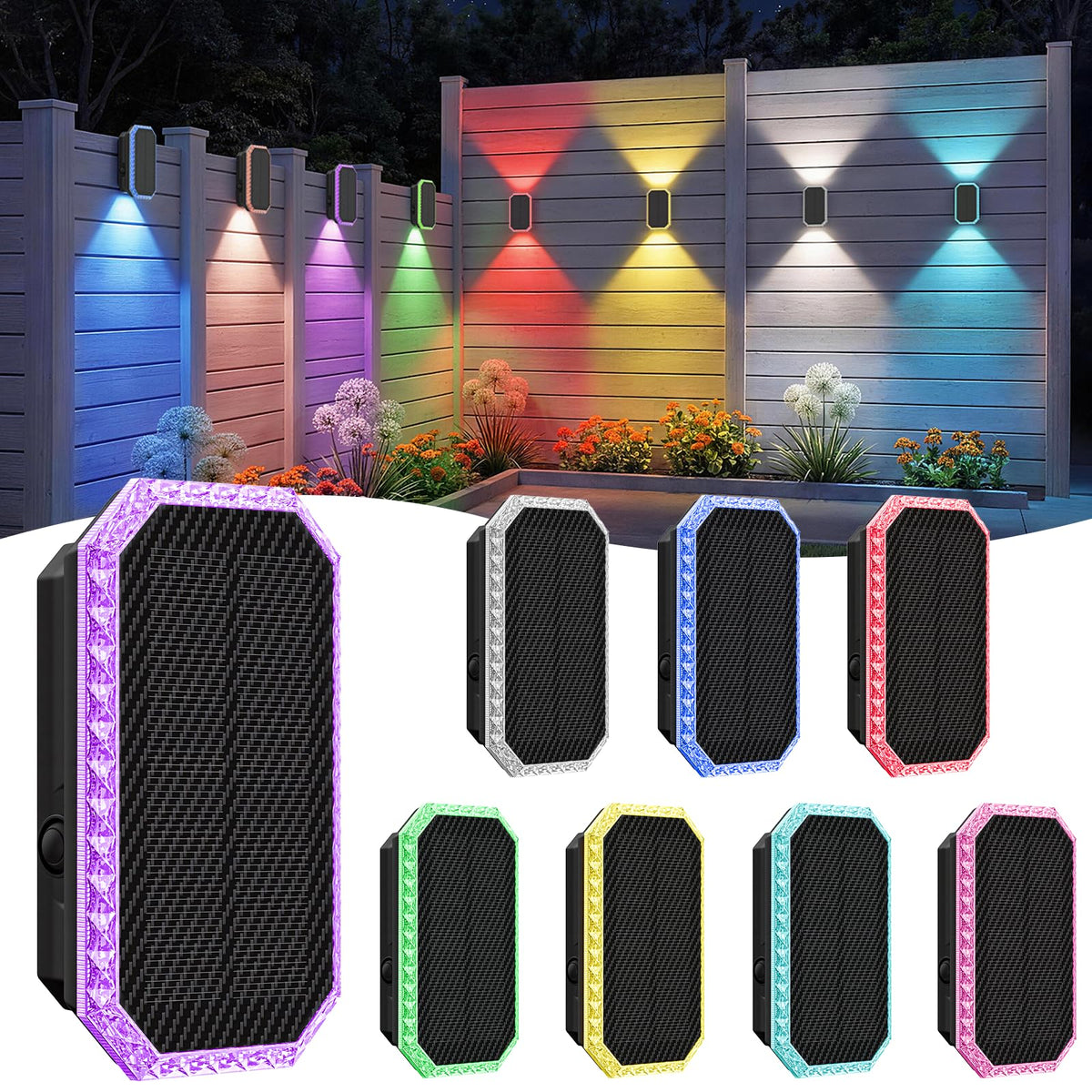 TECKNET solar fence light RGBW cycle illuminates outdoor spaces with vivid color options.