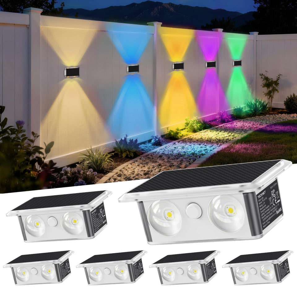 TECKNET solar fence lights with up/down dual-lens for broader wall illumination.