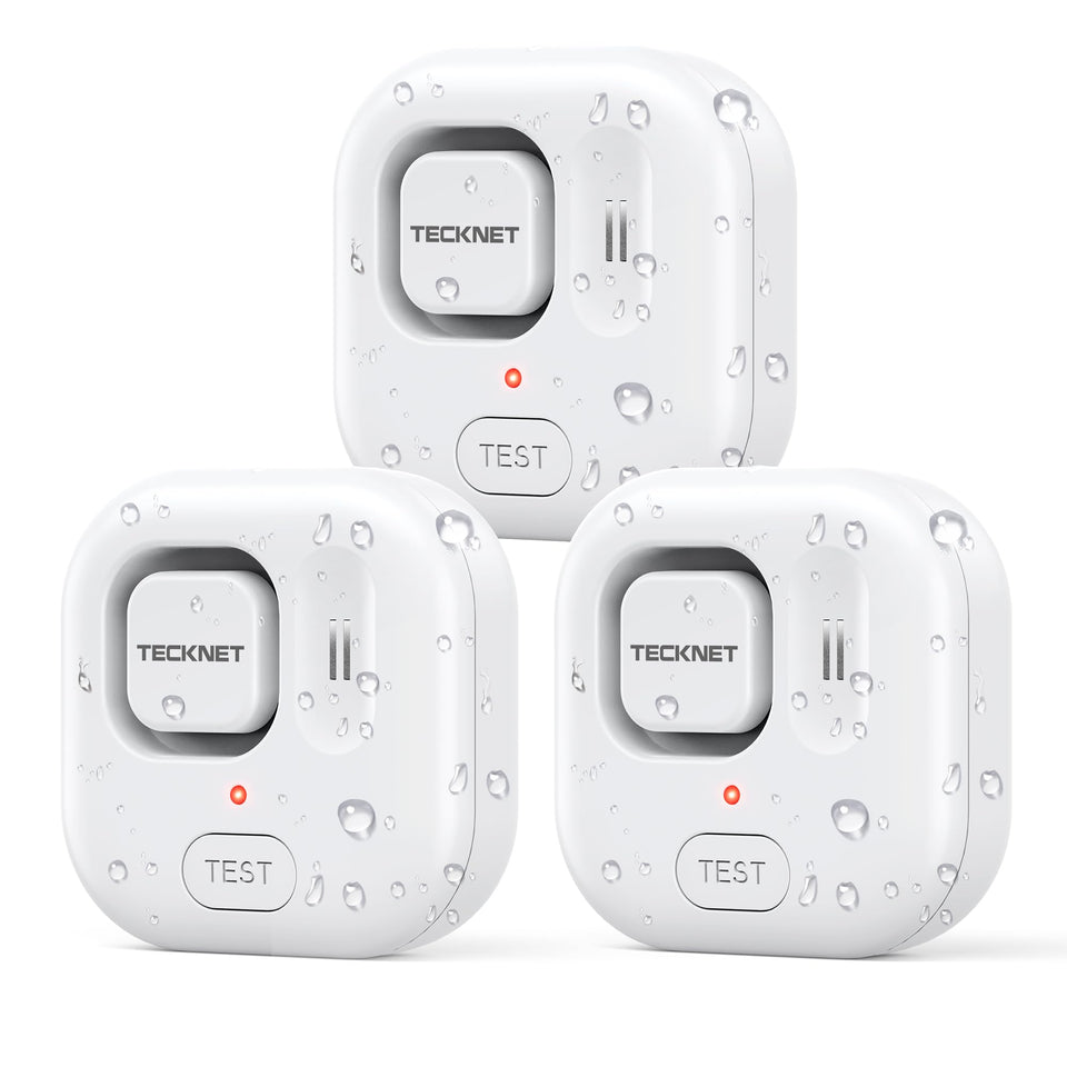 TECKNET 3-pack water leak detectors shown in front view for quick protection