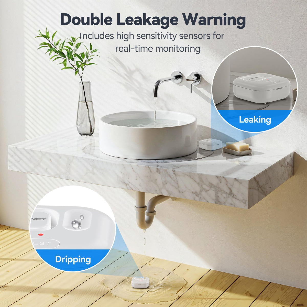 TECKNET WiFi leak detector on pantry shelf prevents water damage after spills