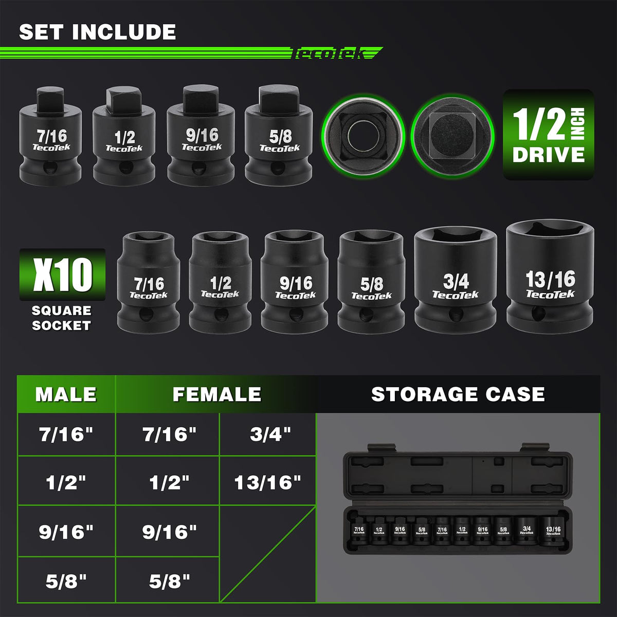 TecoTek twelve-drive sockets with tapered male square for quick alignment