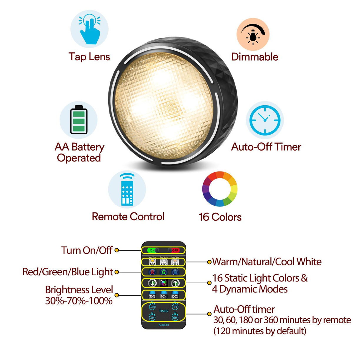 TECOMLIGHT color changing puck light displaying 16 colors and modes