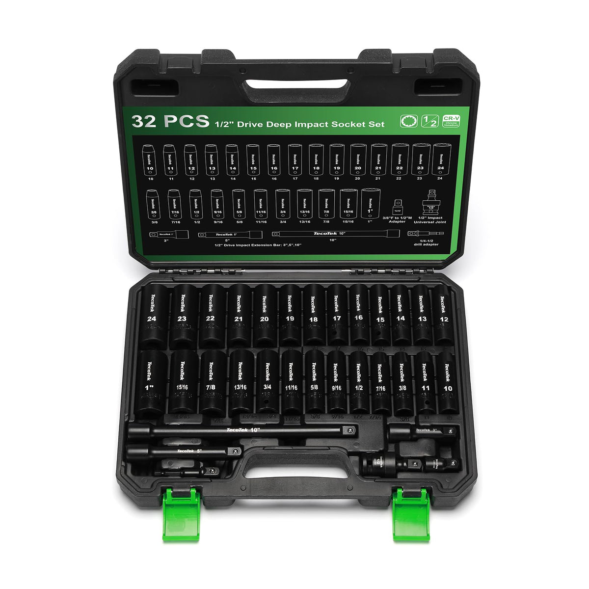 TecoTek 12-point socket set front view for quick size recognition
